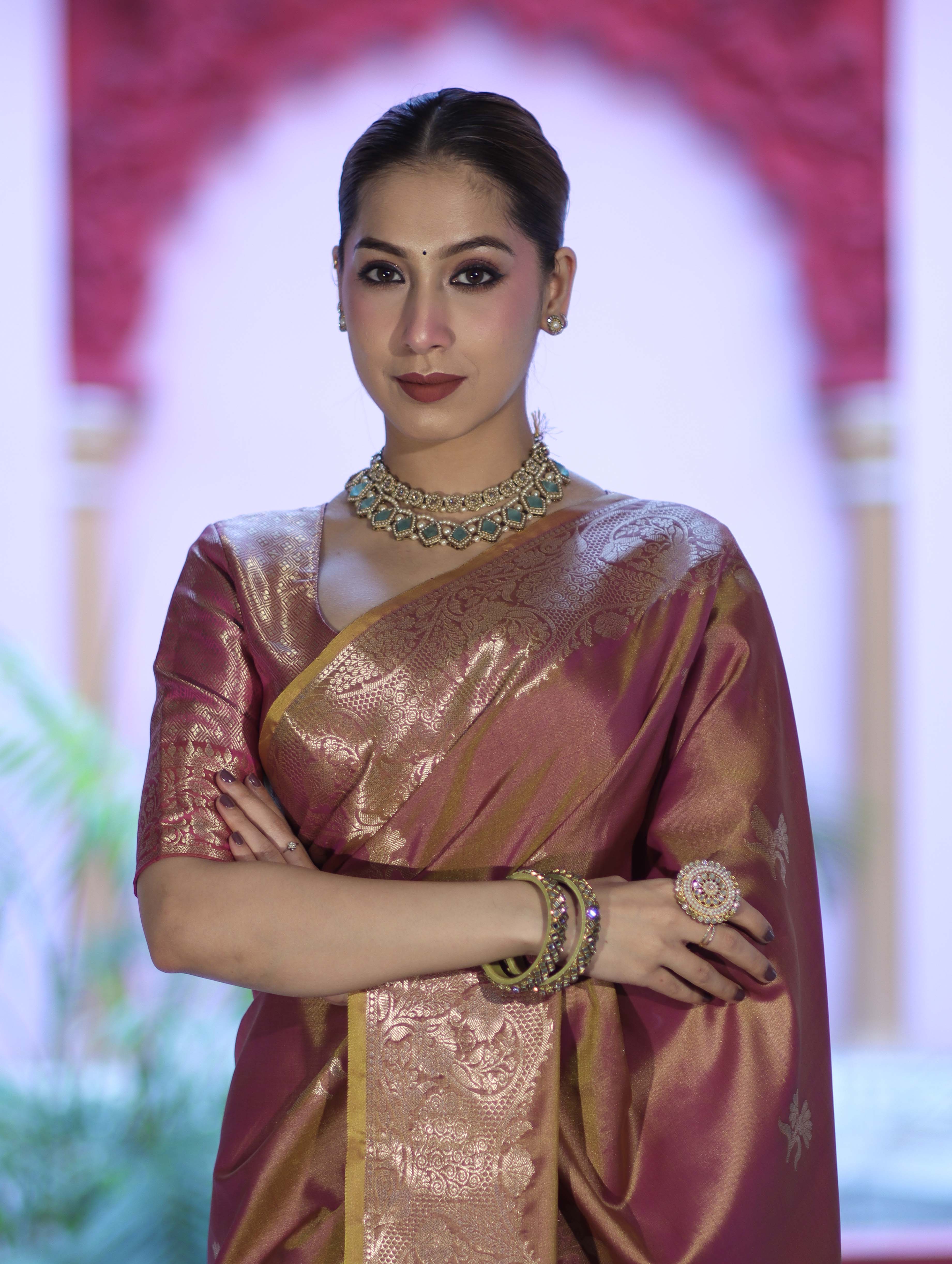 Banarasee Handloom Dual Tone Semi Silk Saree With Zari Buta Design & Floral Border-Mauve