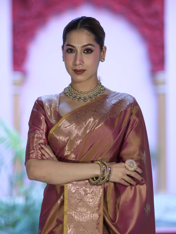 Banarasee Handloom Dual Tone Semi Silk Saree With Zari Buta Design & Floral Border-Mauve