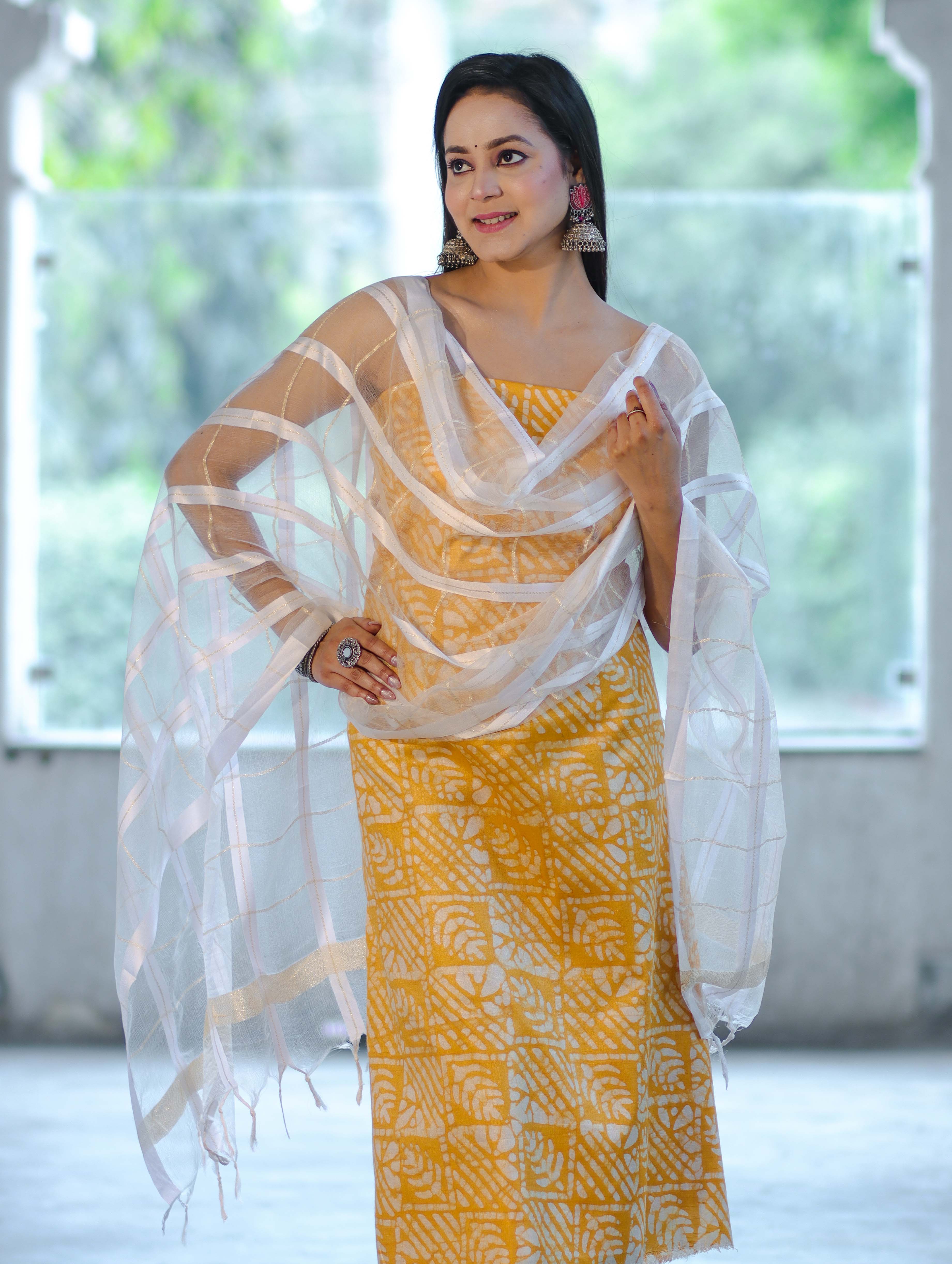 Handloom Block Printed Khadi Cotton Salwar Kameez With Dupatta Set-Yellow & White