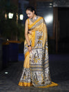 Bhagalpur Cotton Silk Ghichha Work Saree With Madhubani Print-Mustard Yellow