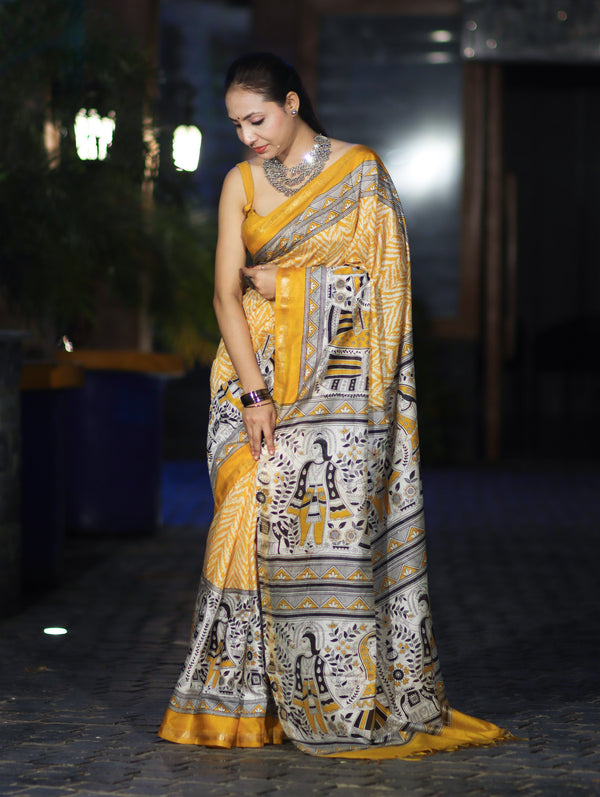 Bhagalpur Cotton Silk Ghichha Work Saree With Madhubani Print-Mustard Yellow