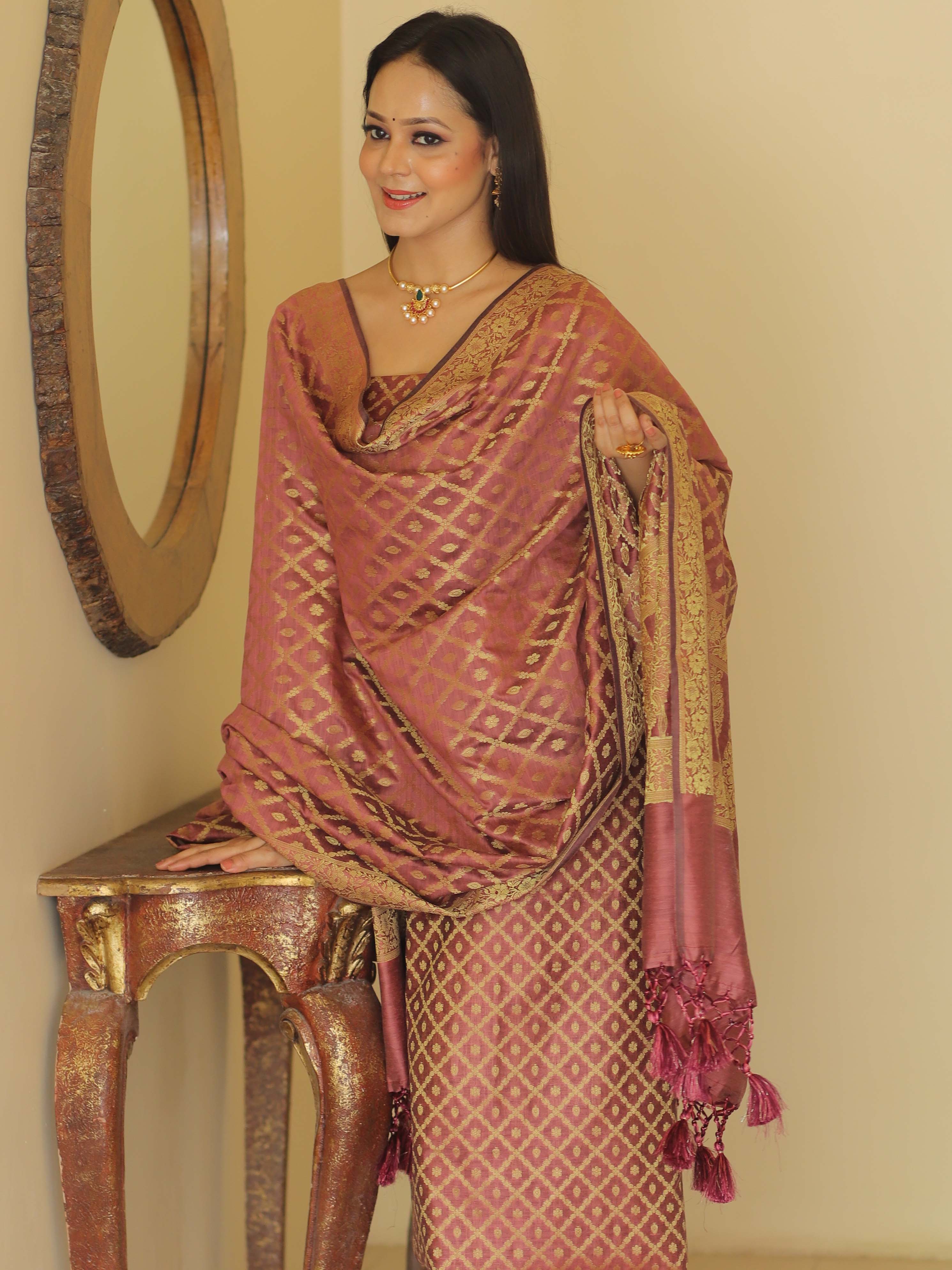 Banarasee Cotton Silk Zari Woven Salwar Kameez Dupatta Set-Rose Pink