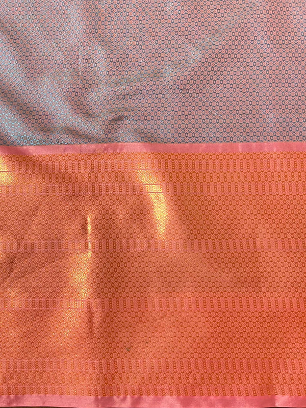 Banarasee Kora Muslin Saree With Contrast Border-Blue & Pink