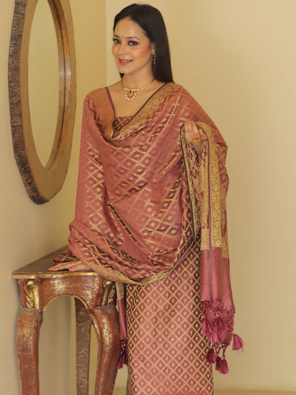 Banarasee Cotton Silk Zari Woven Salwar Kameez Dupatta Set-Rose Pink