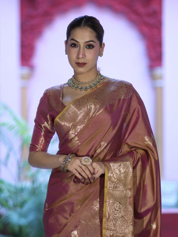Banarasee Handloom Dual Tone Semi Silk Saree With Zari Buta Design & Floral Border-Mauve