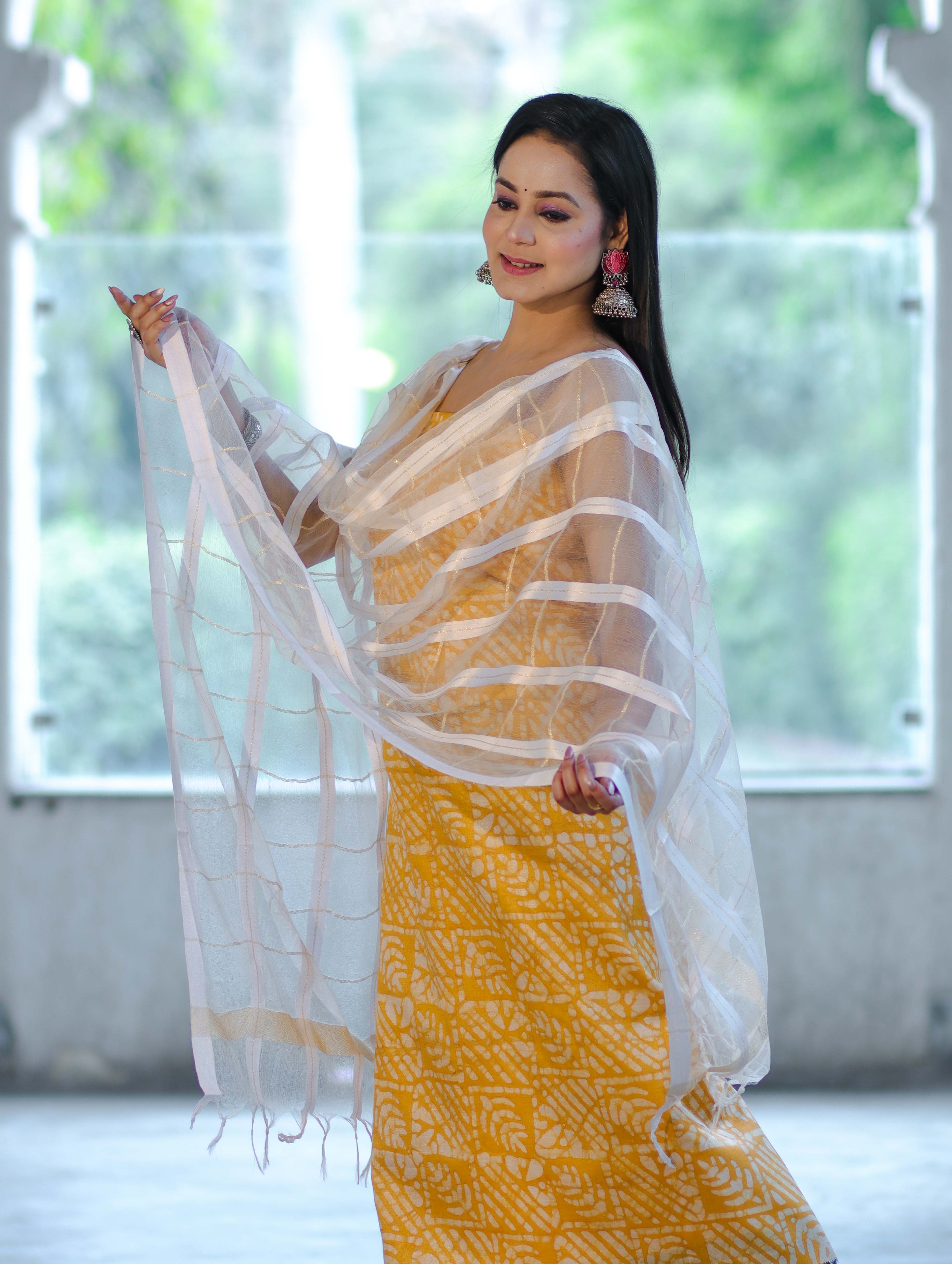 Handloom Block Printed Khadi Cotton Salwar Kameez With Dupatta Set-Yellow & White