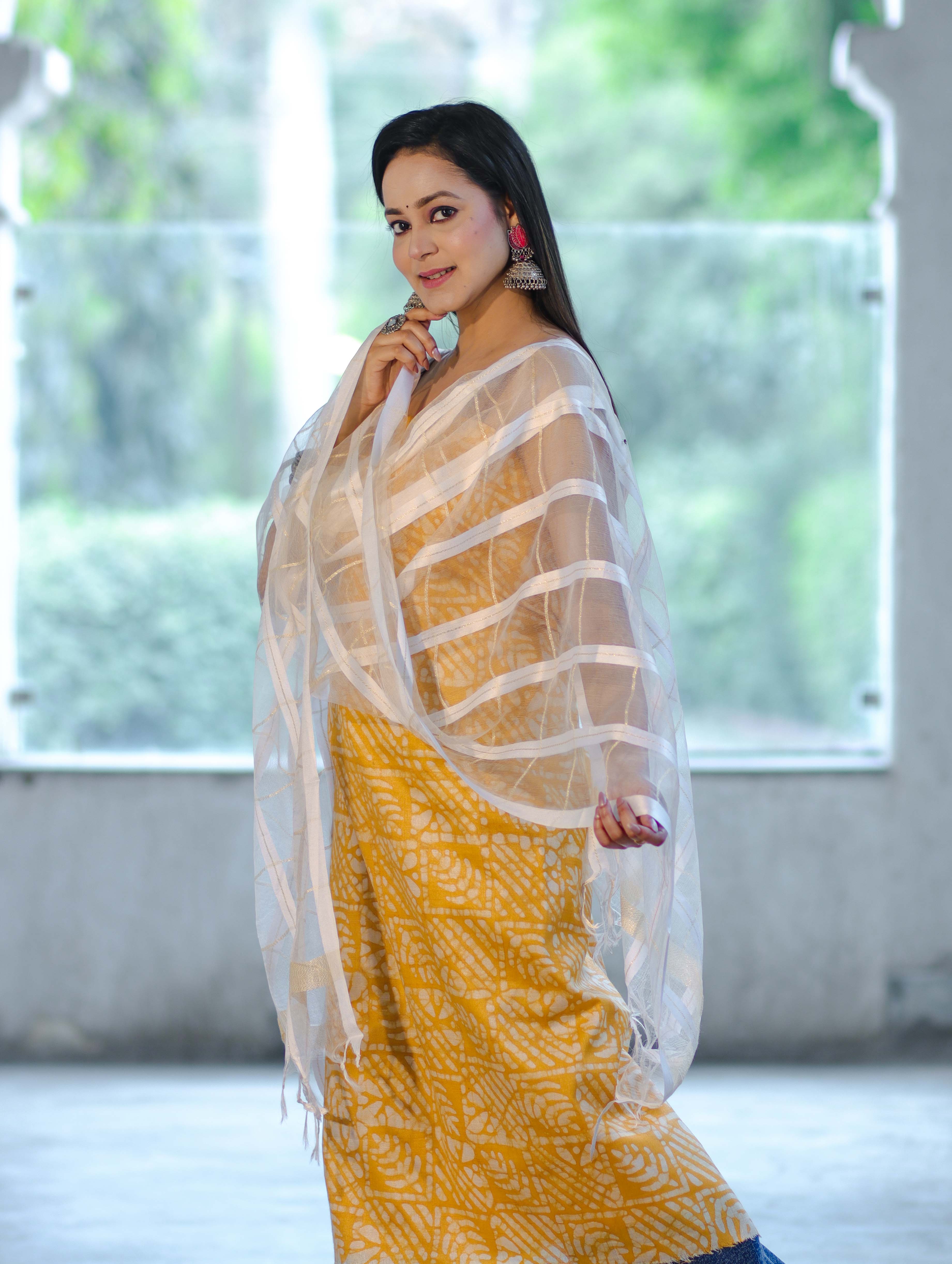 Handloom Block Printed Khadi Cotton Salwar Kameez With Dupatta Set-Yellow & White