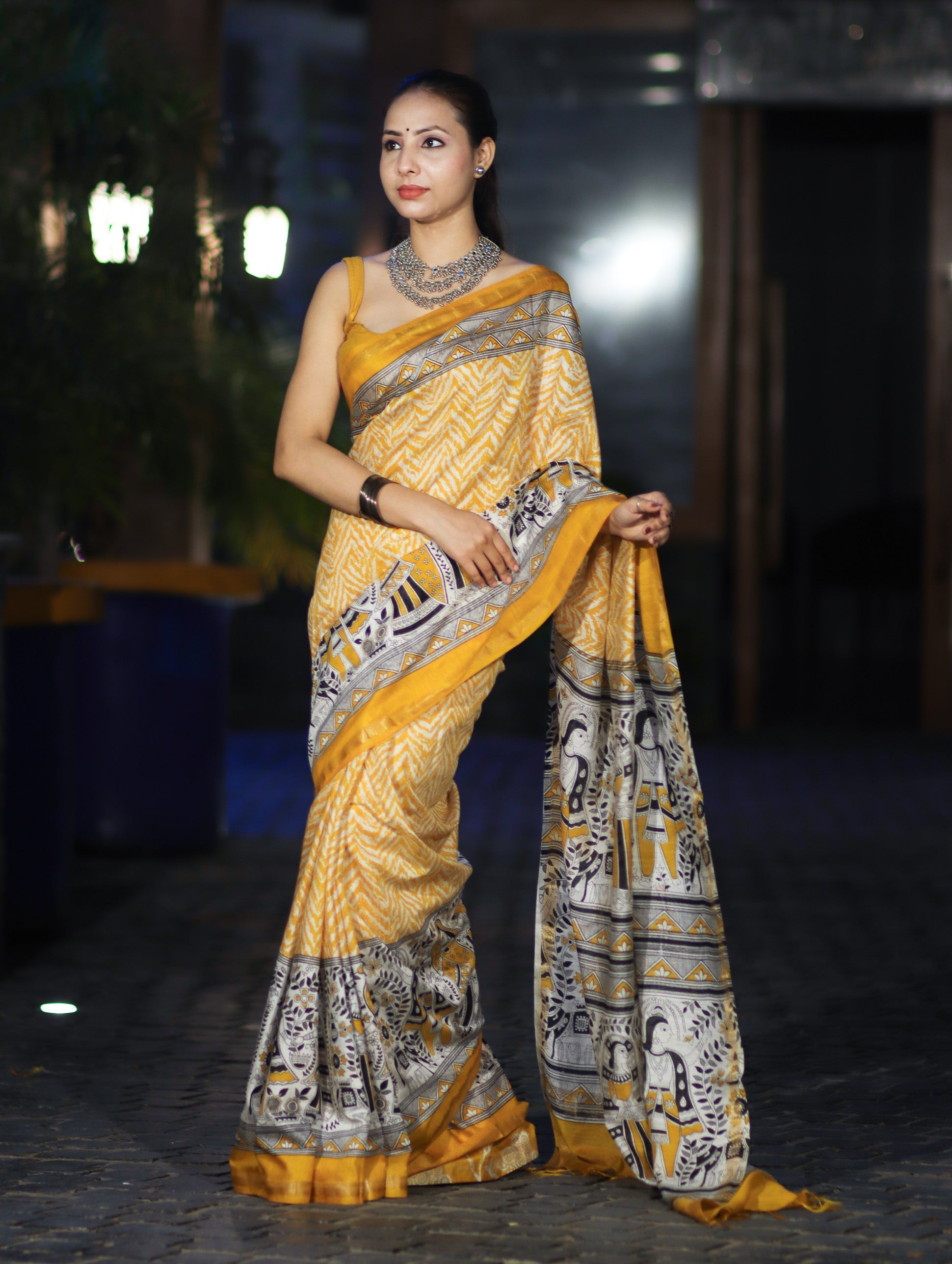 Bhagalpur Cotton Silk Ghichha Work Saree With Madhubani Print-Mustard Yellow