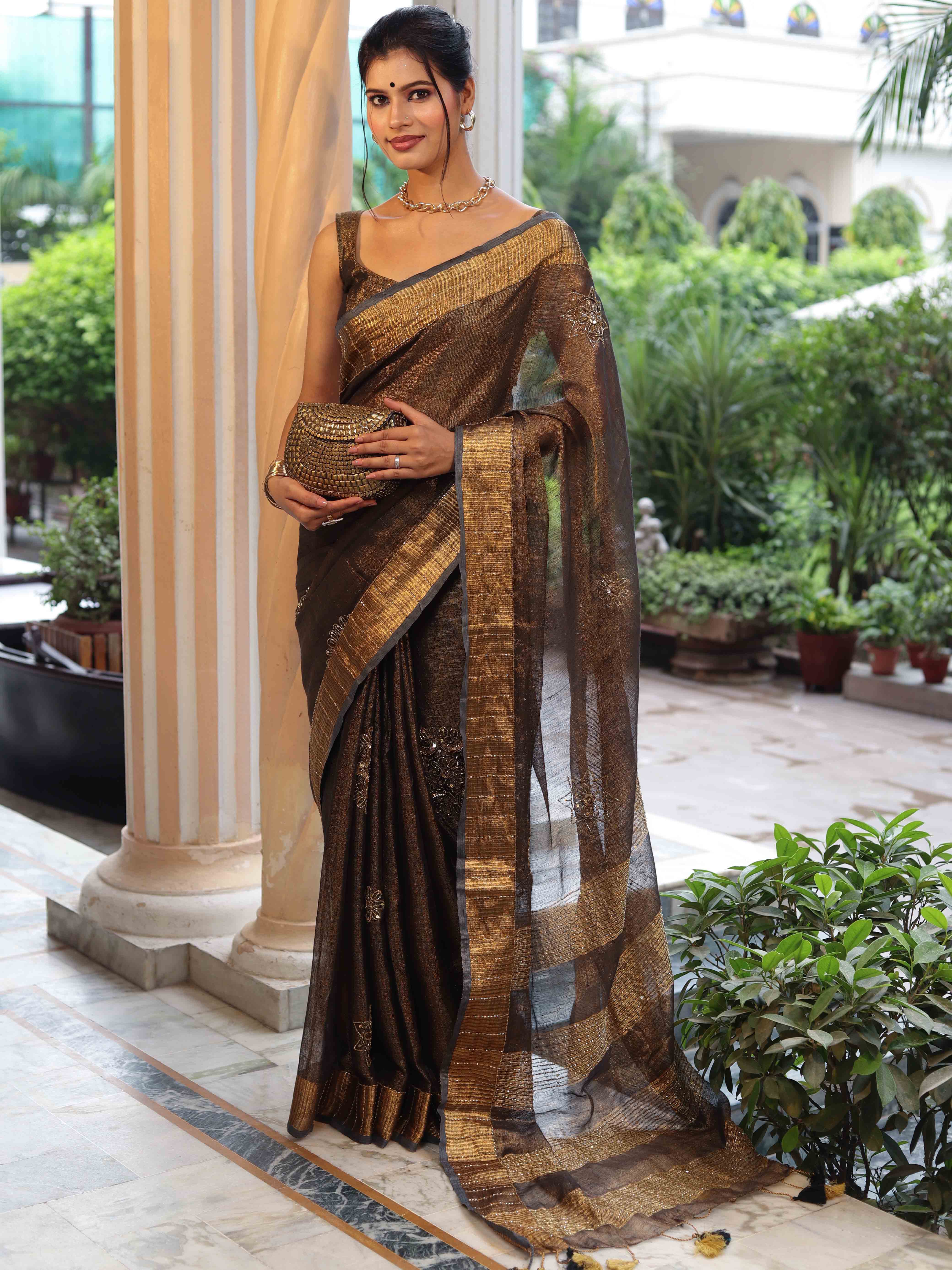 Banarasee Linen Tissue Metallic Shine Saree With Hand Embroidered Cutdana & Zari Work-Black (Gold Tone)