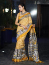 Bhagalpur Cotton Silk Ghichha Work Saree With Madhubani Print-Mustard Yellow