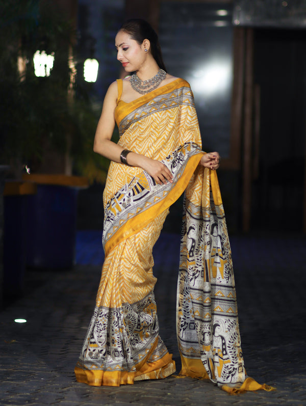 Bhagalpur Cotton Silk Ghichha Work Saree With Madhubani Print-Mustard Yellow