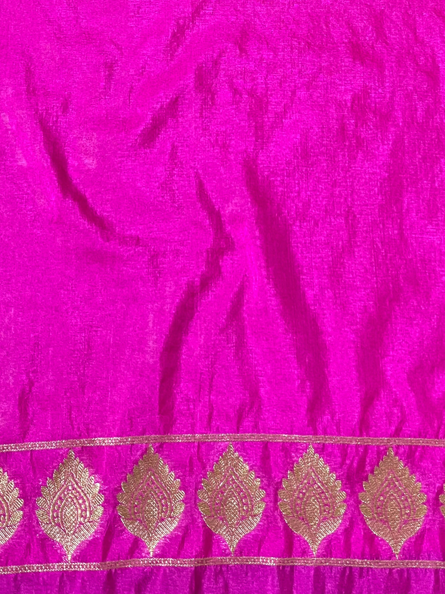 Banarasee Semi-Chiffon Antique Zari Saree Contrast Border Saree-Yellow & Pink