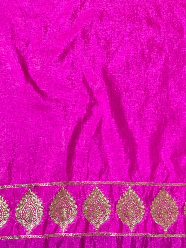 Banarasee Semi-Chiffon Antique Zari Saree Contrast Border Saree-Yellow & Pink