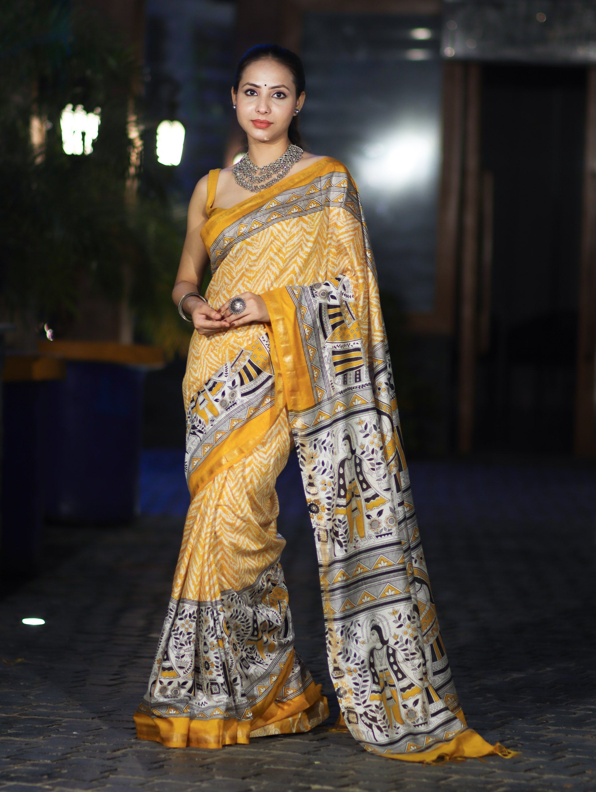 Bhagalpur Cotton Silk Ghichha Work Saree With Madhubani Print-Mustard Yellow