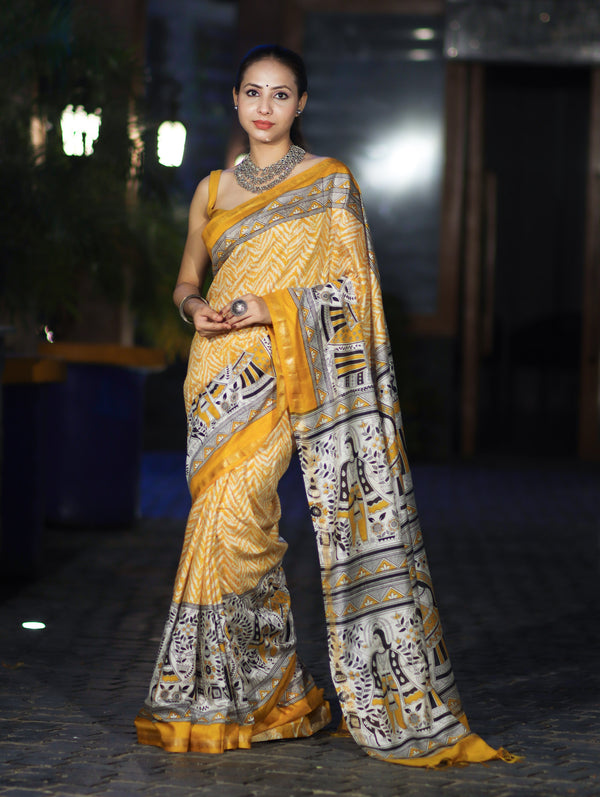 Bhagalpur Cotton Silk Ghichha Work Saree With Madhubani Print-Mustard Yellow