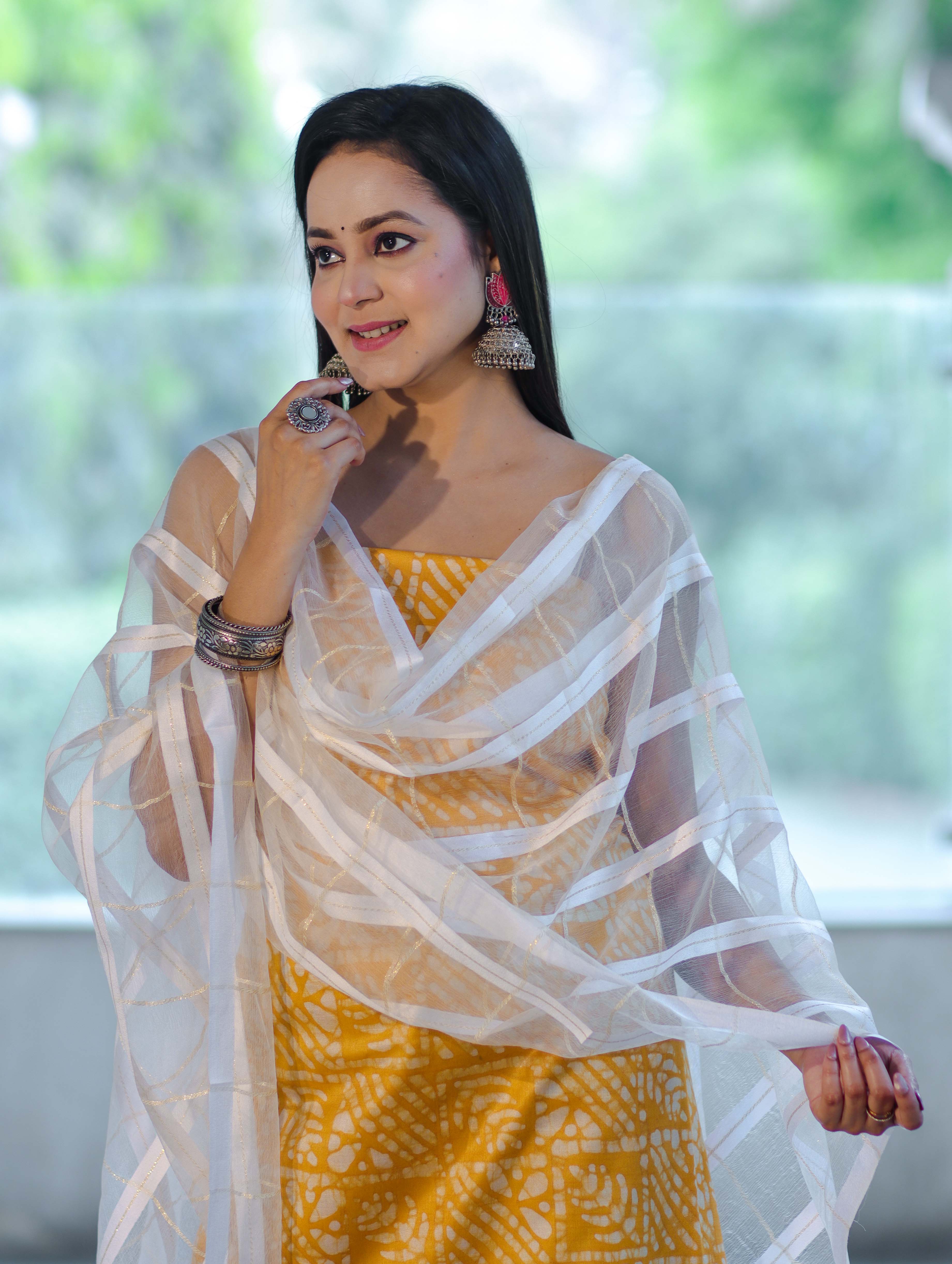 Handloom Block Printed Khadi Cotton Salwar Kameez With Dupatta Set-Yellow & White