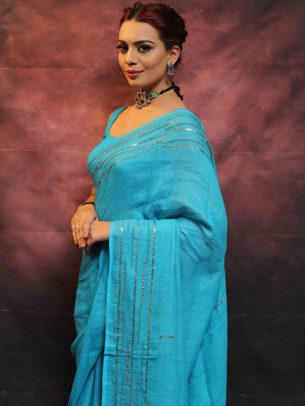 Banarasee Handloom Pure Linen Sequins Work Saree-Light Blue