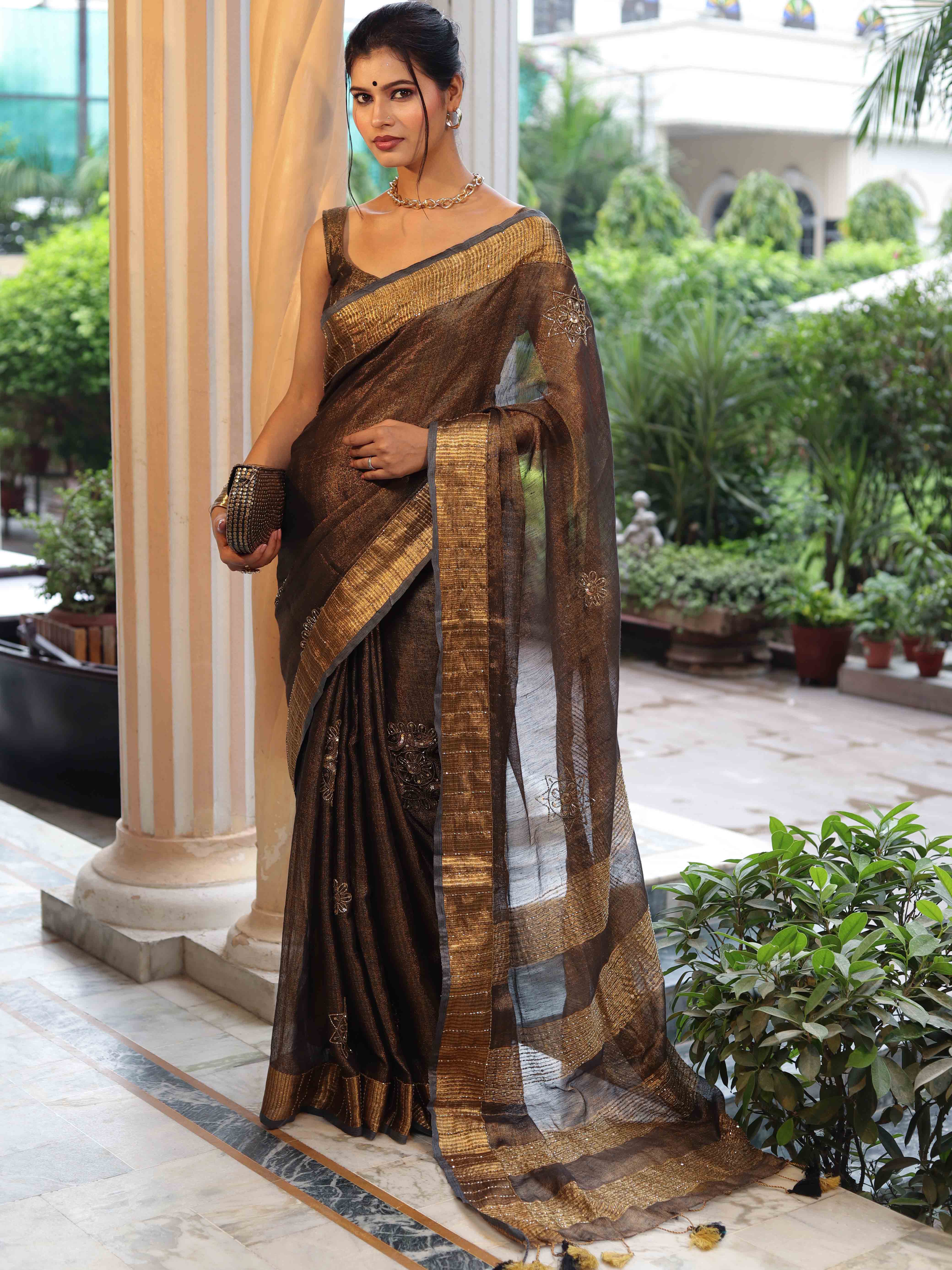 Banarasee Linen Tissue Metallic Shine Saree With Hand Embroidered Cutdana & Zari Work-Black (Gold Tone)