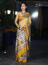 Bhagalpur Cotton Silk Ghichha Work Saree With Madhubani Print-Mustard Yellow