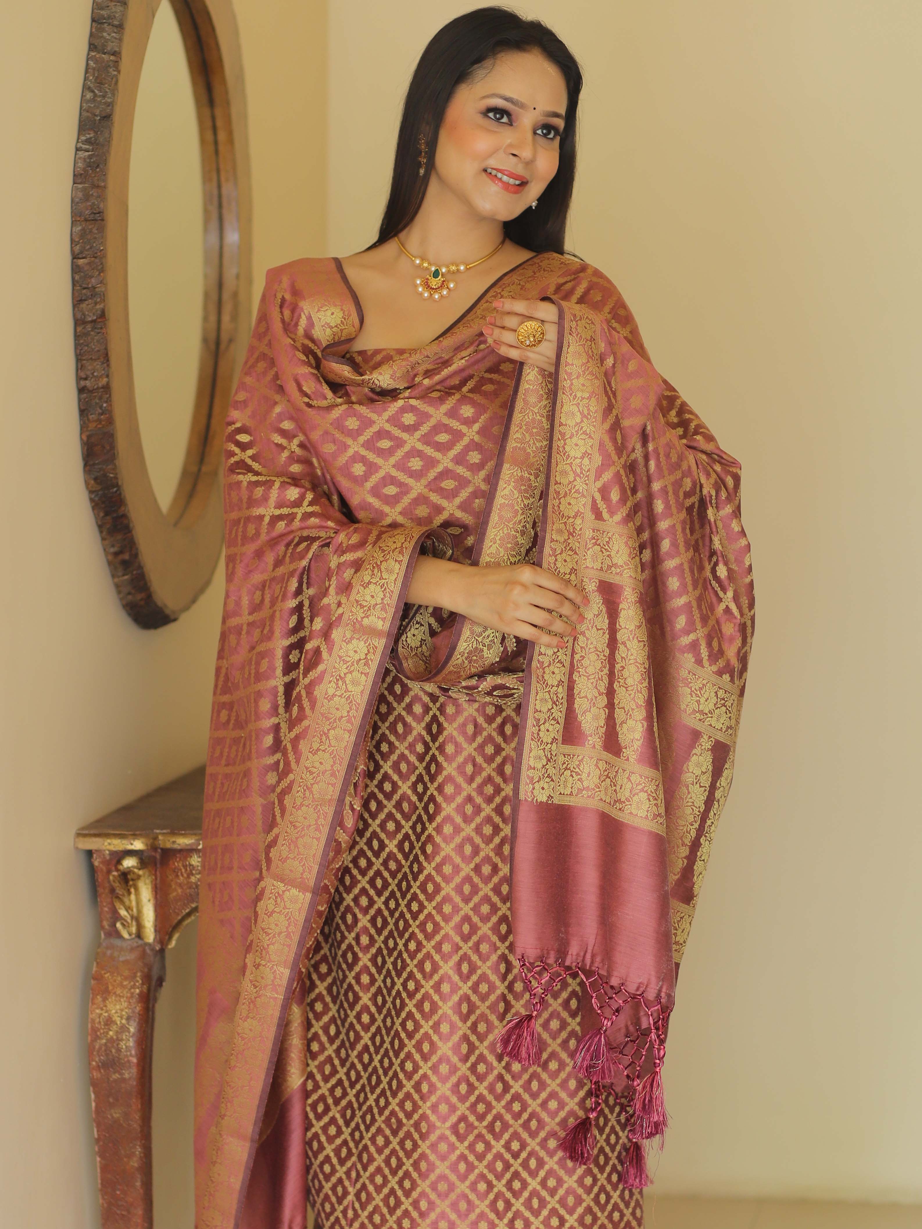 Banarasee Cotton Silk Zari Woven Salwar Kameez Dupatta Set-Rose Pink