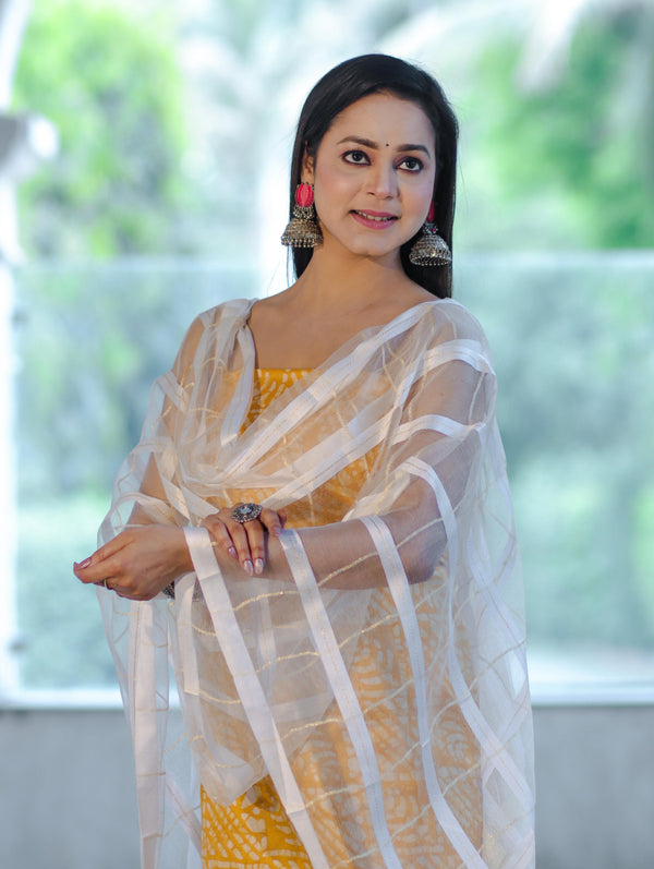 Handloom Block Printed Khadi Cotton Salwar Kameez With Dupatta Set-Yellow & White
