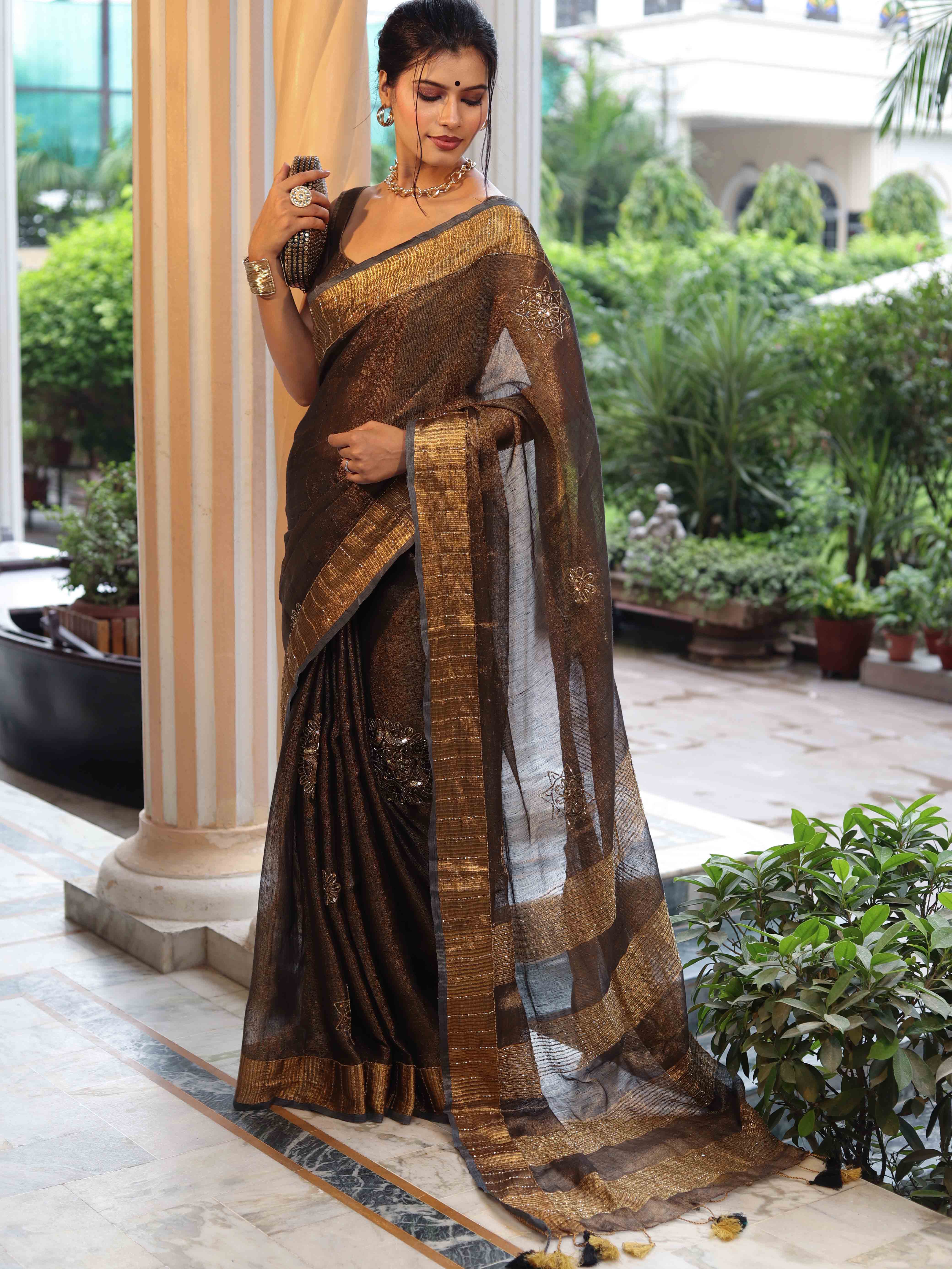 Banarasee Linen Tissue Metallic Shine Saree With Hand Embroidered Cutdana & Zari Work-Black (Gold Tone)