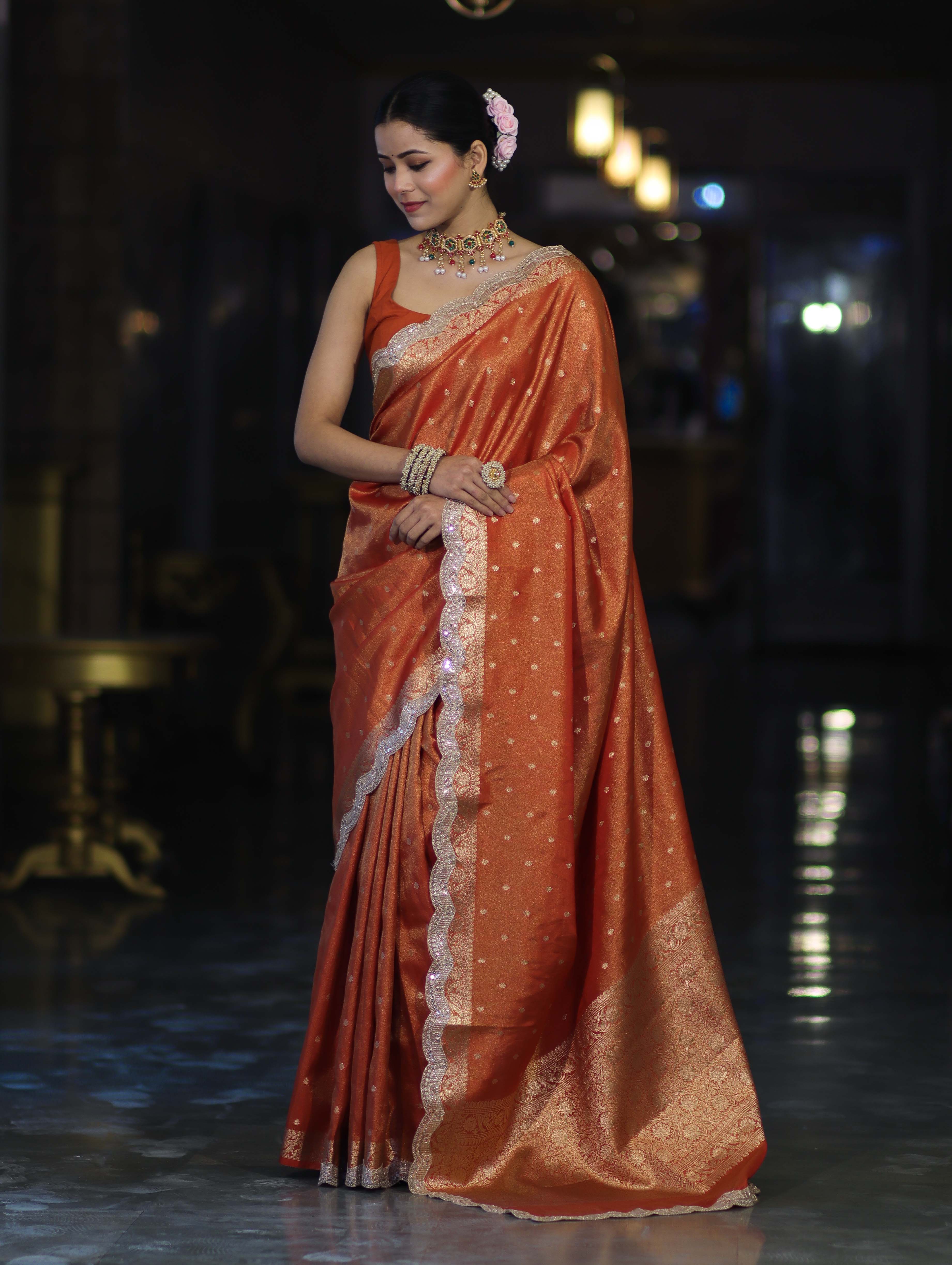 Banarasee Handloom Dual Tone Shimmer Tissue Saree With Buti Design Zari Border & Lace-Rust