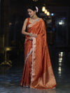 Banarasee Handloom Dual Tone Shimmer Tissue Saree With Buti Design Zari Border & Lace-Rust