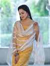 Handloom Block Printed Khadi Cotton Salwar Kameez With Dupatta Set-Yellow & White