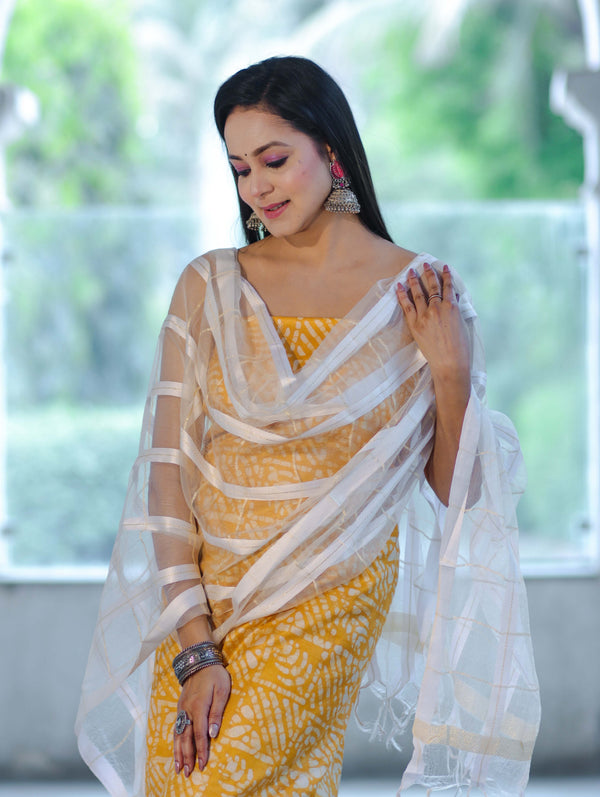 Handloom Block Printed Khadi Cotton Salwar Kameez With Dupatta Set-Yellow & White
