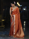 Banarasee Handloom Dual Tone Shimmer Tissue Saree With Buti Design Zari Border & Lace-Rust