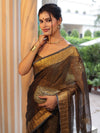 Banarasee Linen Tissue Metallic Shine Saree With Hand Embroidered Cutdana & Zari Work-Black (Gold Tone)