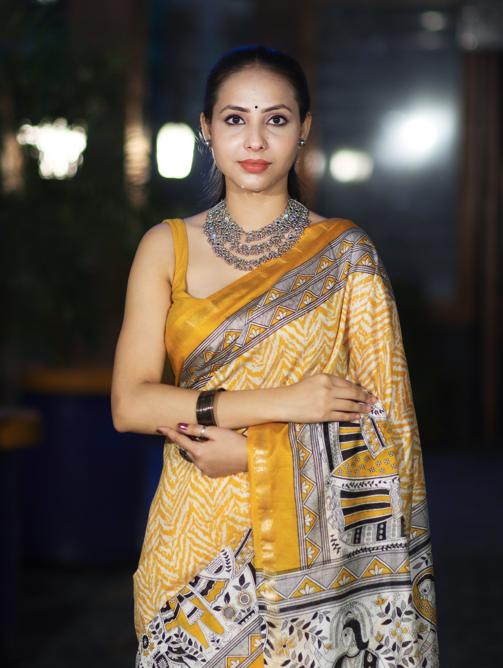 Bhagalpur Cotton Silk Ghichha Work Saree With Madhubani Print-Mustard Yellow