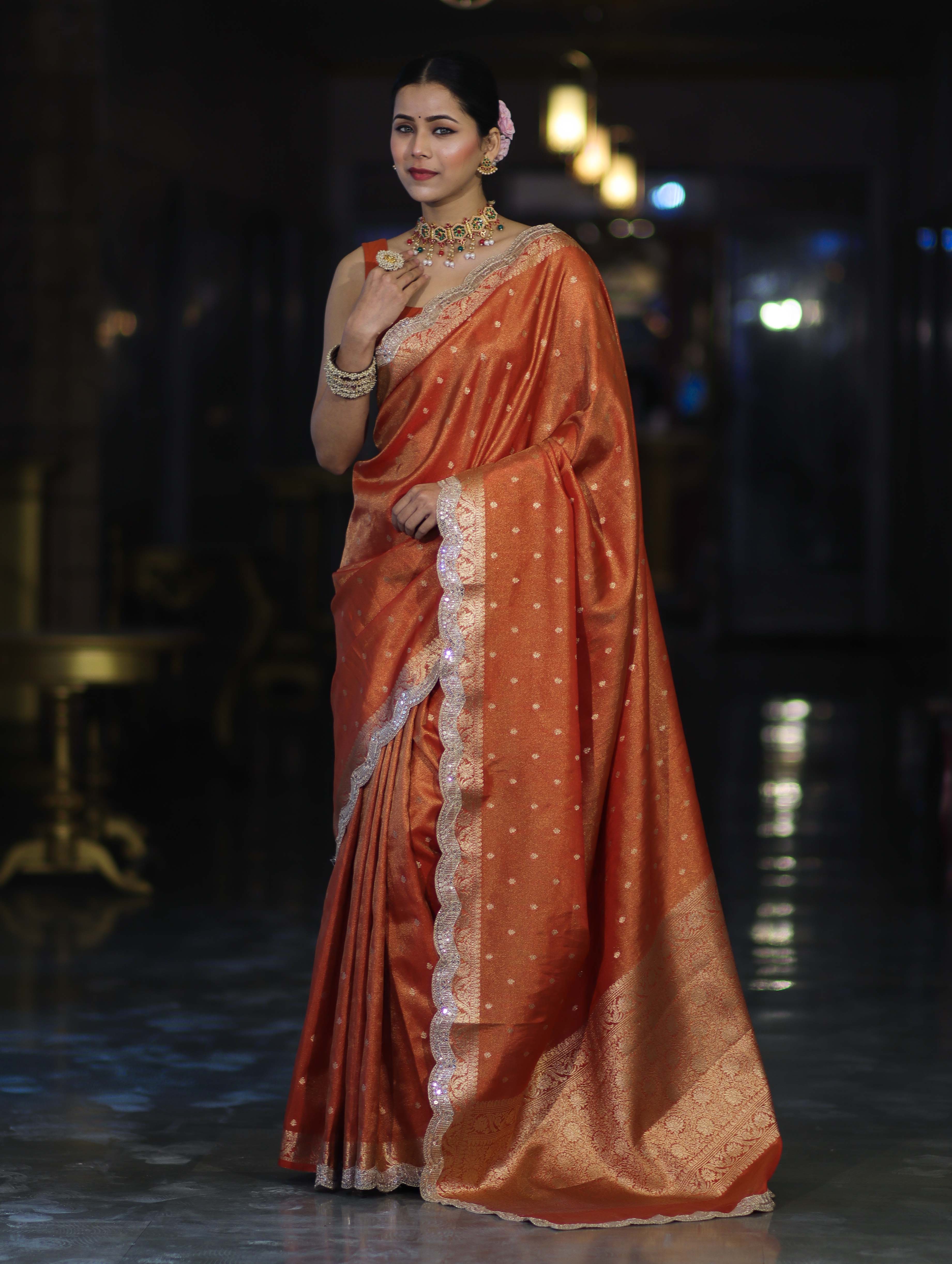 Banarasee Handloom Dual Tone Shimmer Tissue Saree With Buti Design Zari Border & Lace-Rust