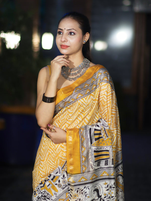 Bhagalpur Cotton Silk Ghichha Work Saree With Madhubani Print-Mustard Yellow