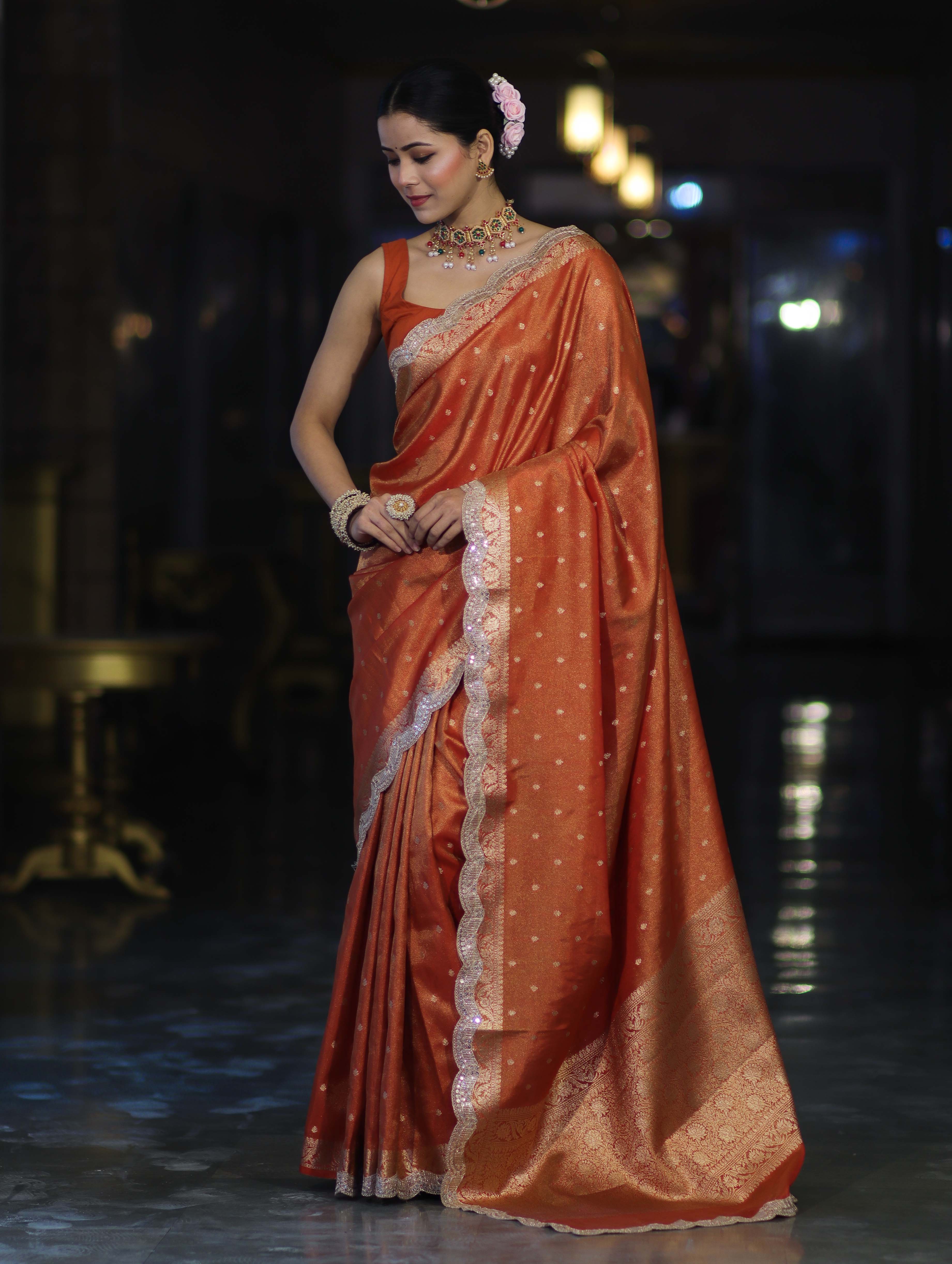 Banarasee Handloom Dual Tone Shimmer Tissue Saree With Buti Design Zari Border & Lace-Rust