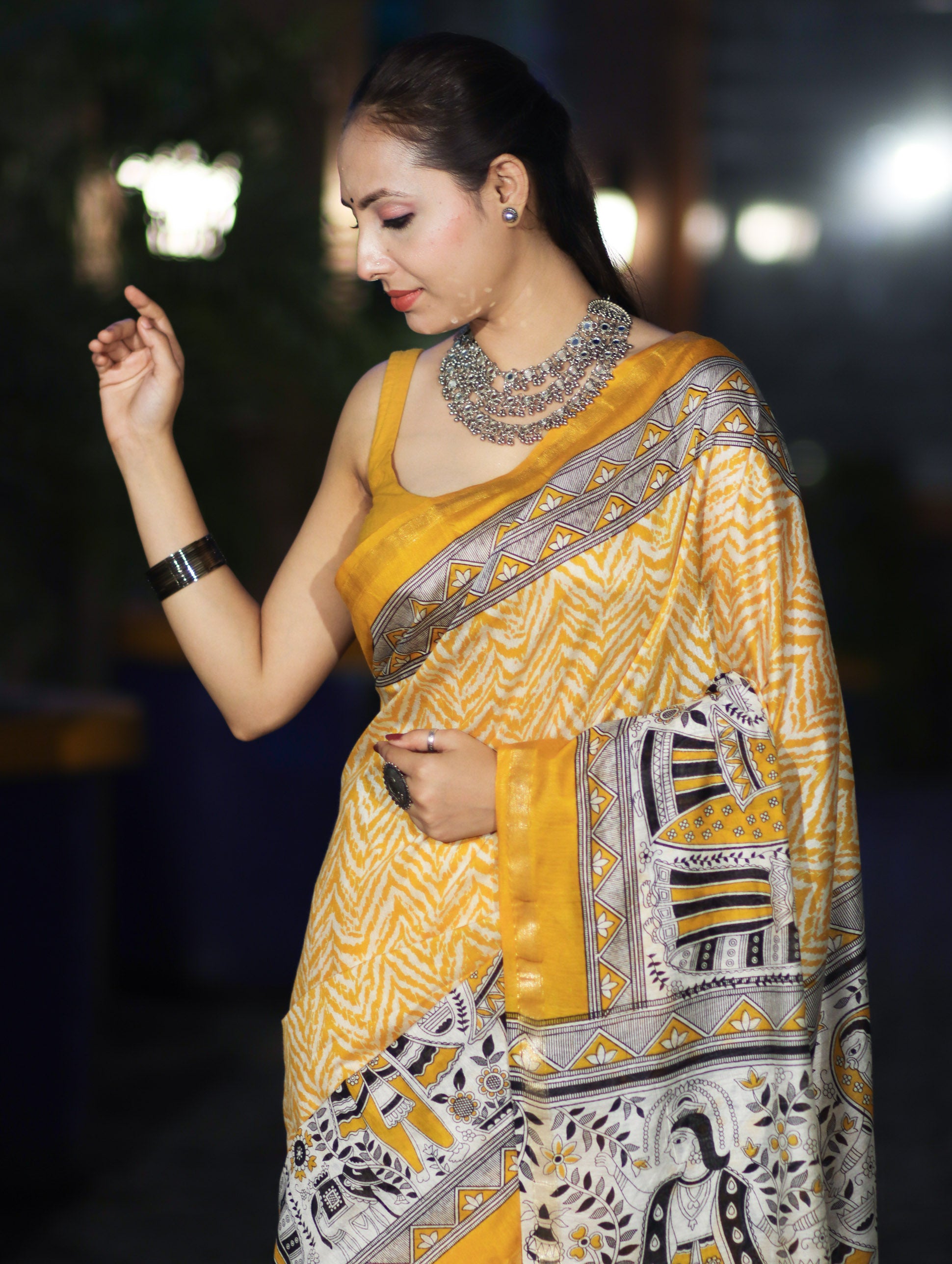Bhagalpur Cotton Silk Ghichha Work Saree With Madhubani Print-Mustard Yellow