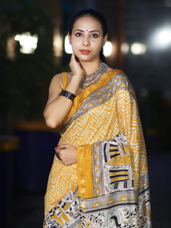 Bhagalpur Cotton Silk Ghichha Work Saree With Madhubani Print-Mustard Yellow