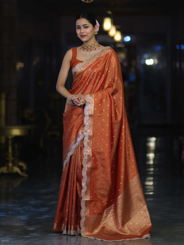 Banarasee Handloom Dual Tone Shimmer Tissue Saree With Buti Design Zari Border & Lace-Rust