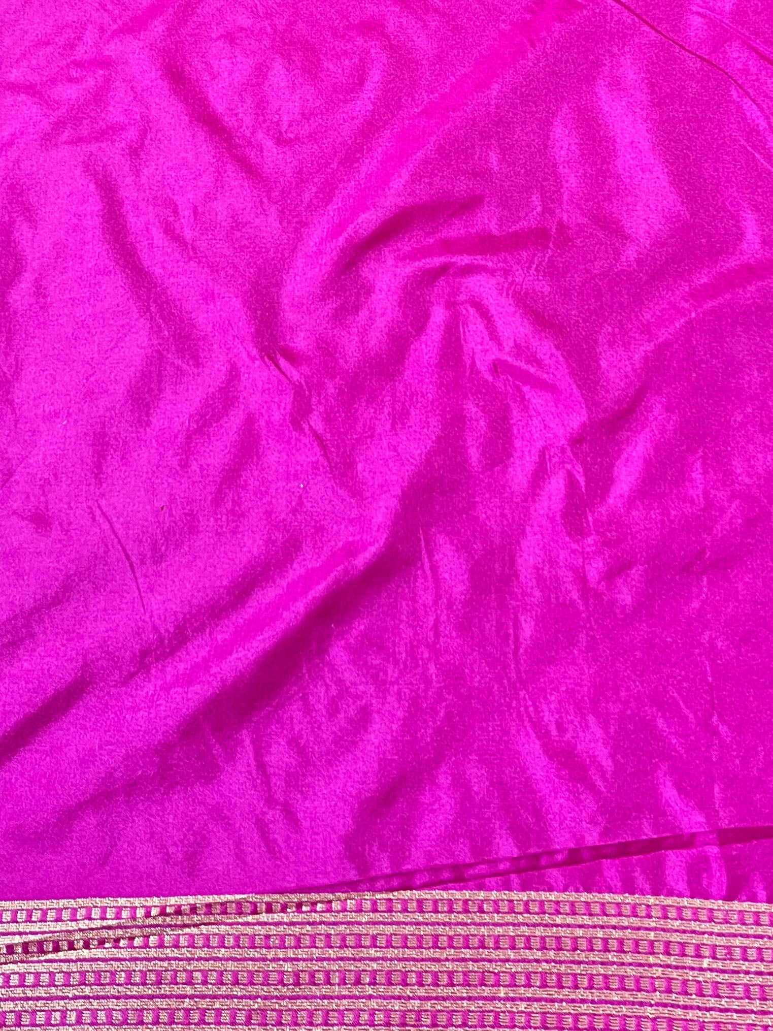 Banarasee Semi-Katan Zari Buta & Contrast Border Saree-Maroon & Pink