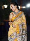 Bhagalpur Cotton Silk Ghichha Work Saree With Madhubani Print-Mustard Yellow