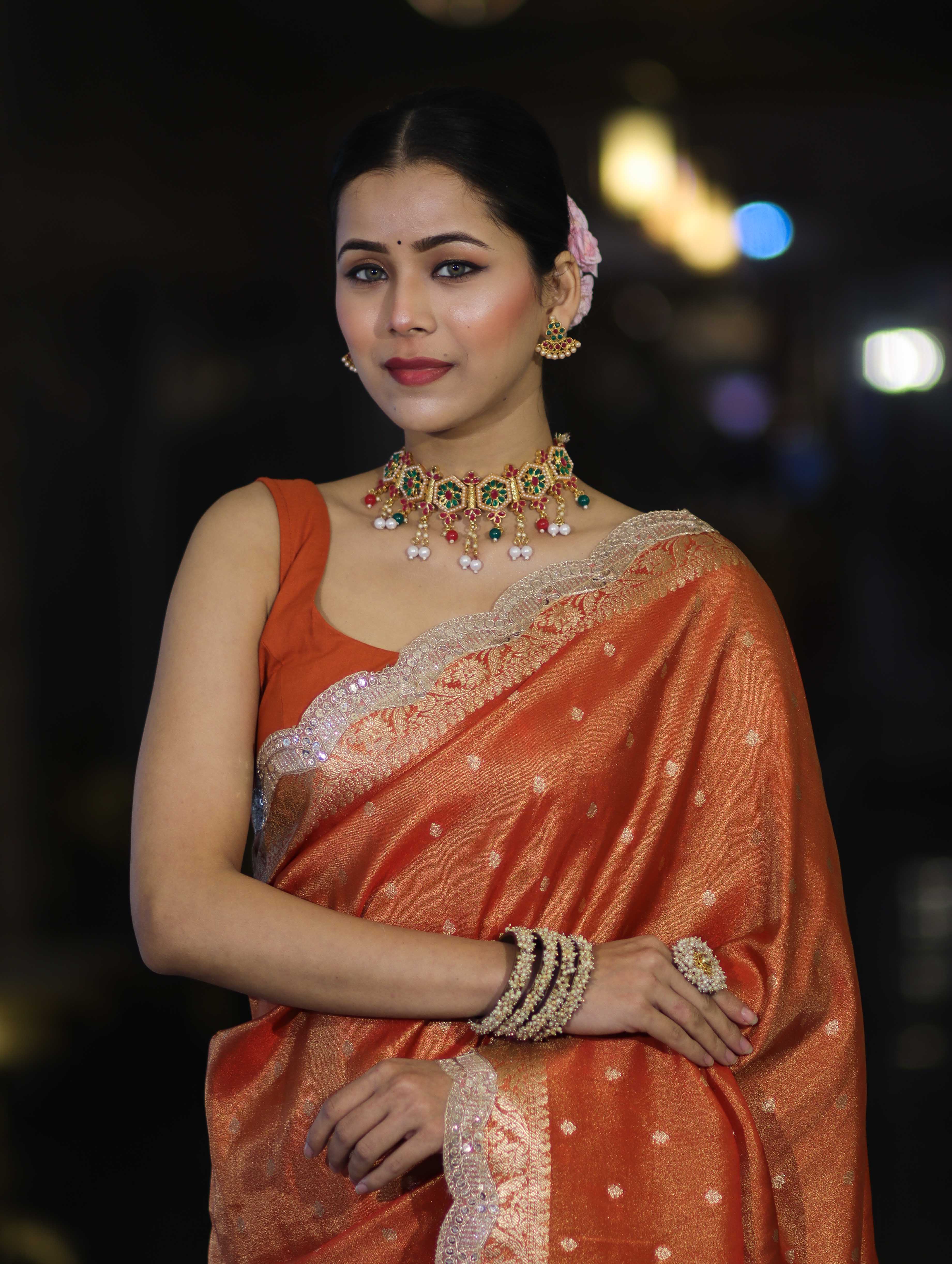 Banarasee Handloom Dual Tone Shimmer Tissue Saree With Buti Design Zari Border & Lace-Rust