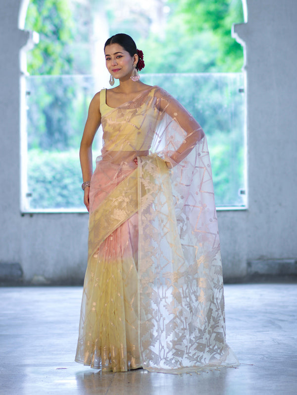 Banarasee Dual Color Organza Saree With Zari Jaal Design-Peach & Light Yellow