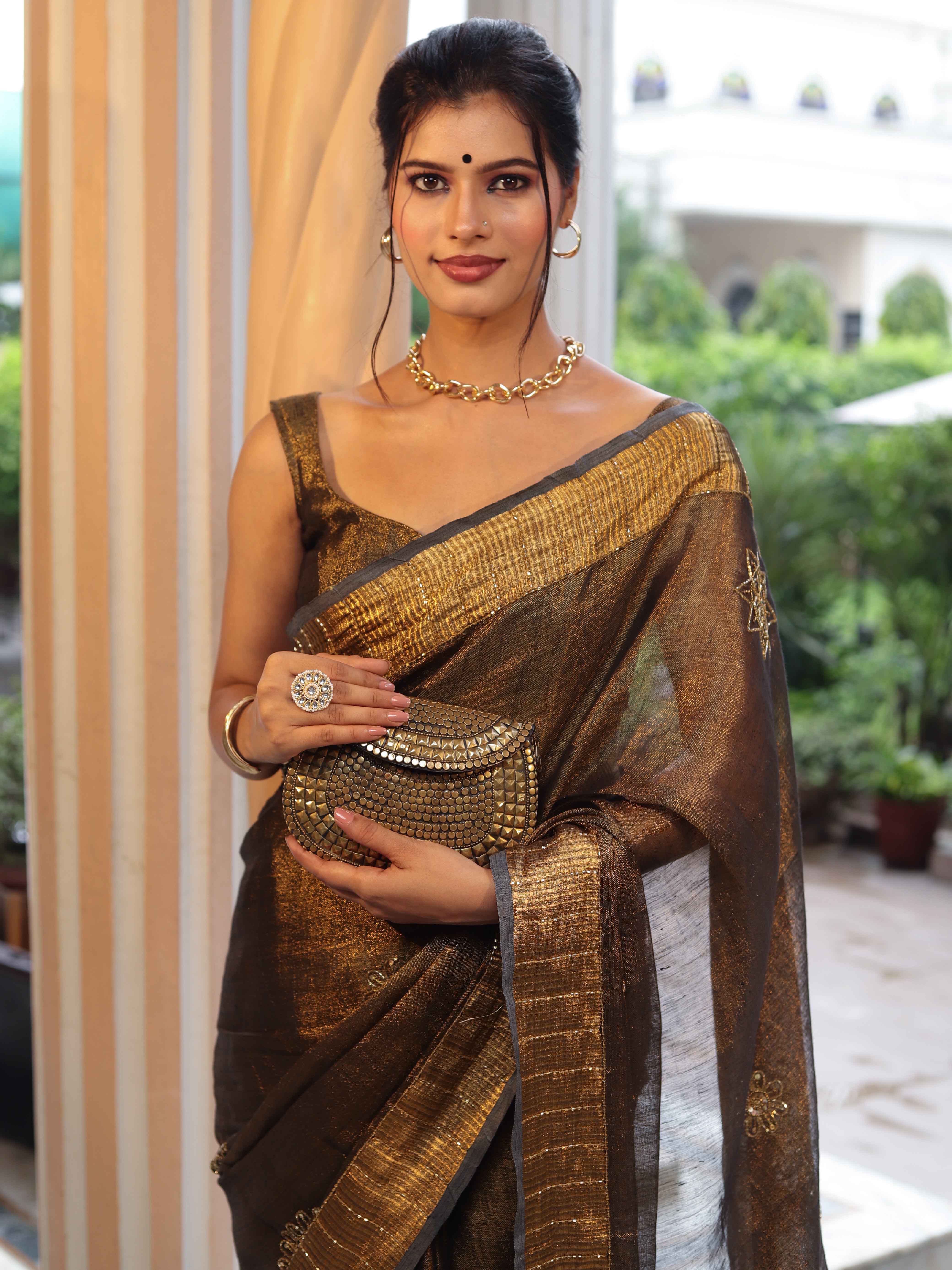 Banarasee Linen Tissue Metallic Shine Saree With Hand Embroidered Cutdana & Zari Work-Black (Gold Tone)