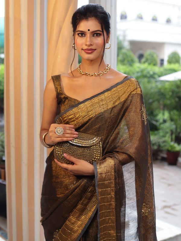Banarasee Linen Tissue Metallic Shine Saree With Hand Embroidered Cutdana & Zari Work-Black (Gold Tone)