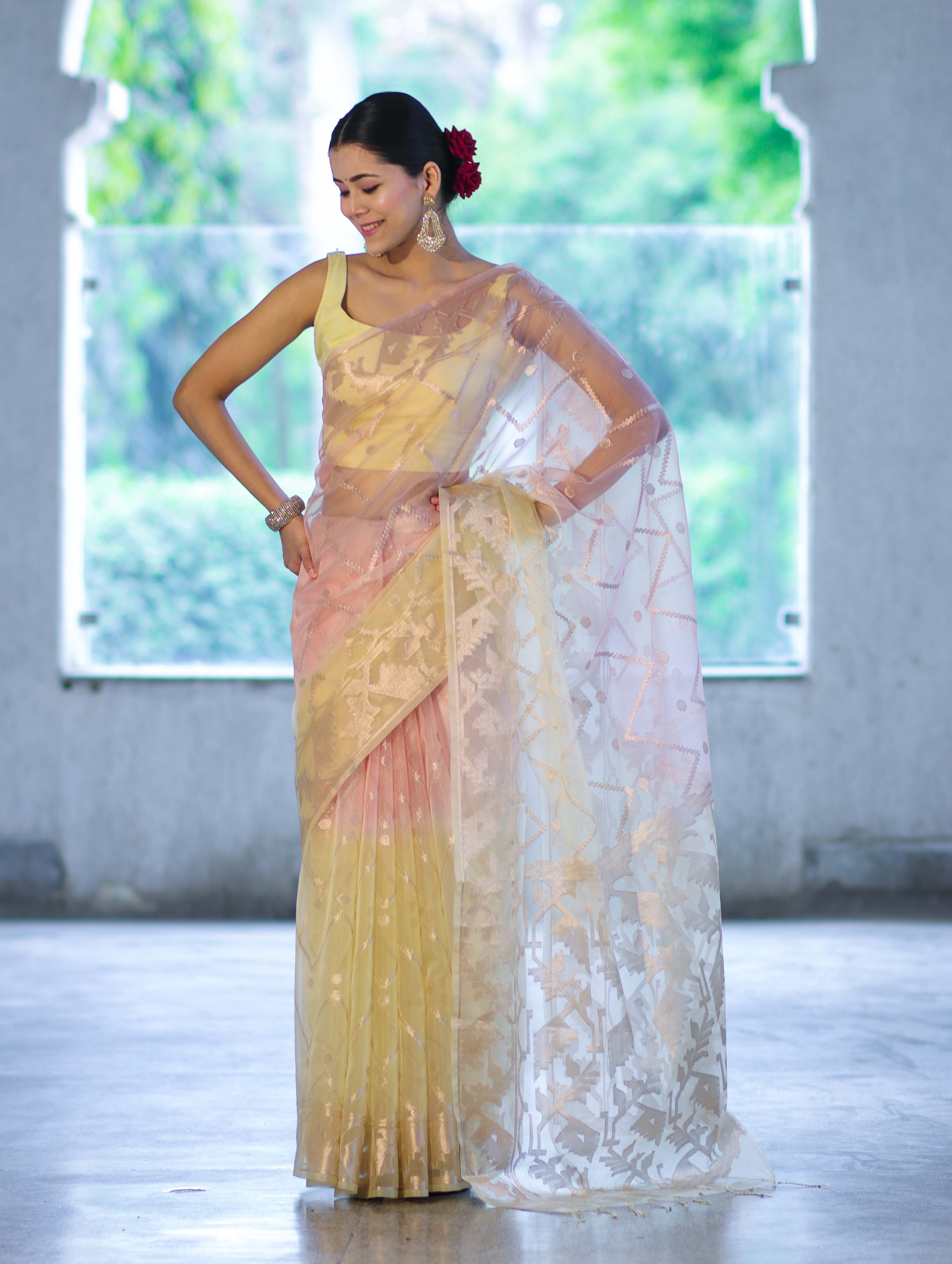 Banarasee Dual Color Organza Saree With Zari Jaal Design-Peach & Light Yellow