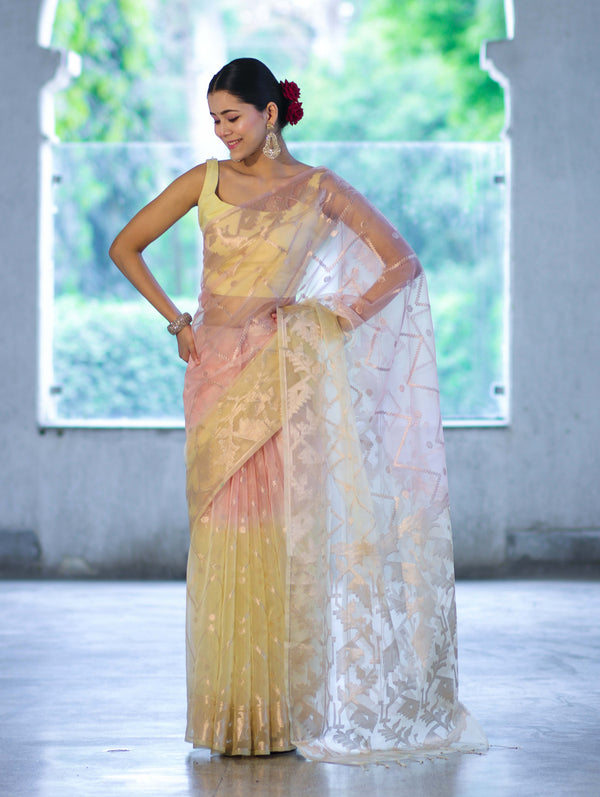 Banarasee Dual Color Organza Saree With Zari Jaal Design-Peach & Light Yellow