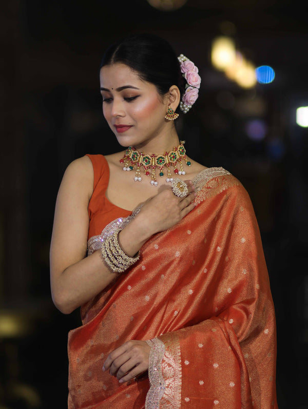 Banarasee Handloom Dual Tone Shimmer Tissue Saree With Buti Design Zari Border & Lace-Rust