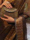 Banarasee Linen Tissue Metallic Shine Saree With Hand Embroidered Cutdana & Zari Work-Black (Gold Tone)
