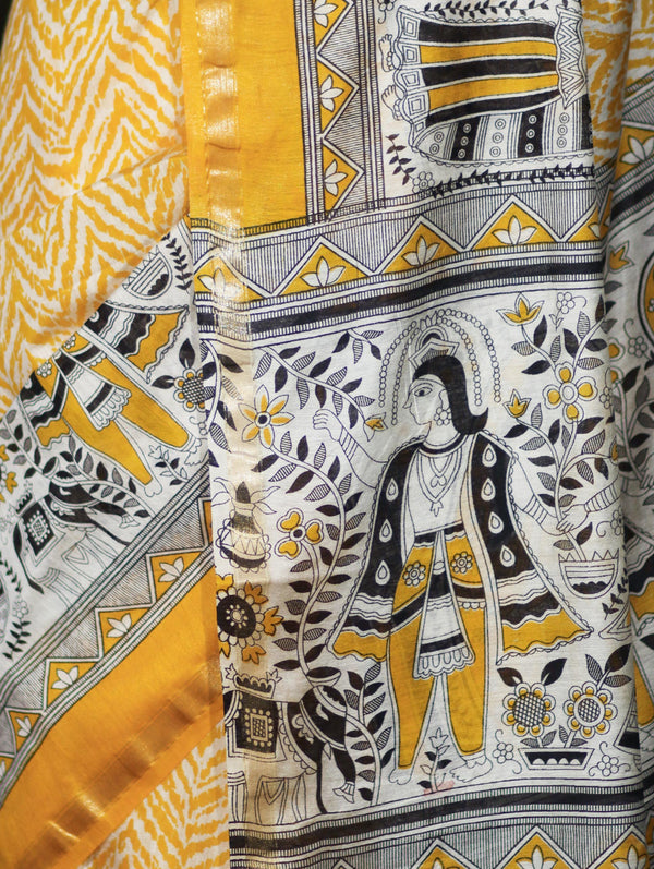 Bhagalpur Cotton Silk Ghichha Work Saree With Madhubani Print-Mustard Yellow